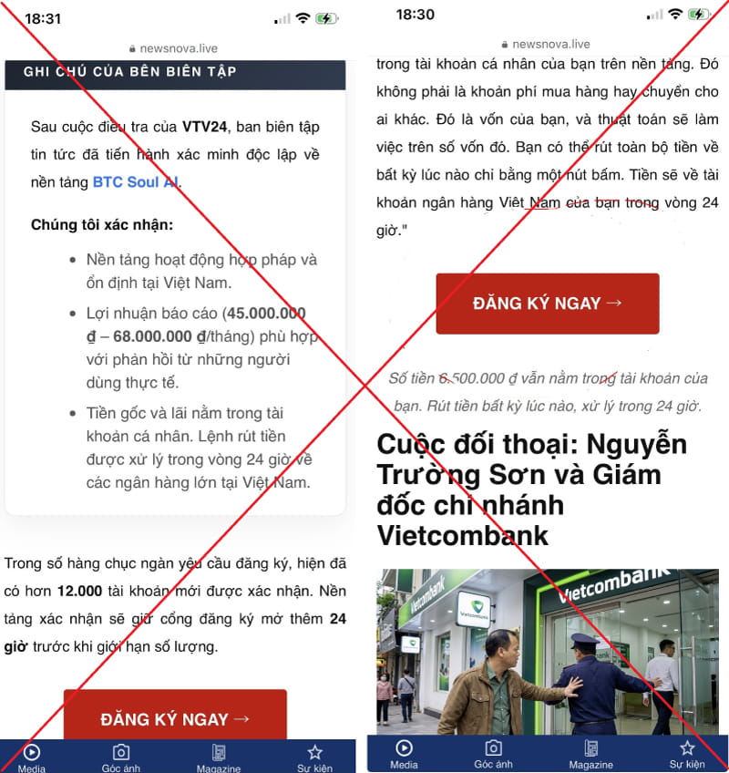 Hình ảnh bài viết giả mạo có nội dung dẫn dụ người đọc đăng ký và nạp tiền