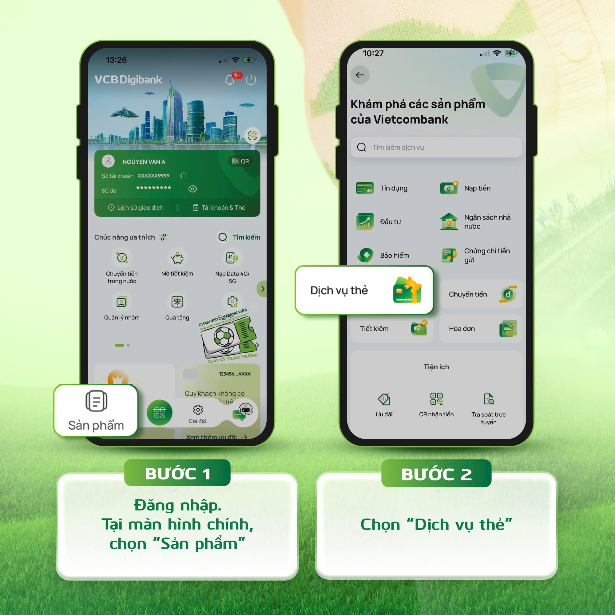 Bước 1 đăng nhập và chọn Sản phẩm; bước 2 chọn Dịch vụ thẻ trên VCB Digibank