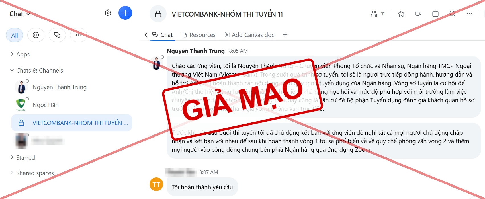 Giao diện nhóm chat tuyển dụng giả mạo 2