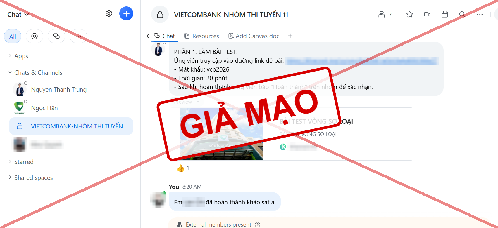 Hình ảnh link làm bài test sơ loại giả mạo